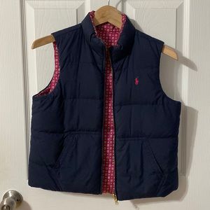 Ralph Lauren Navy Pink patterned reversible down puff vest Sz Small
